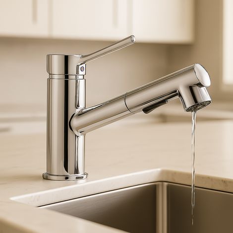 Rubinetto Bagno Nero con Doccetta Estraibile e Miscelatore Monocomando ACCIAIO CROMO