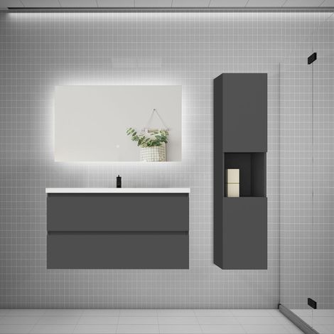 Ensemble meuble anthracite et vasque L.100cm 2 tiroirs + colonne1 haut + lavabo + miroir 80x60cm-suspendu (1/5)