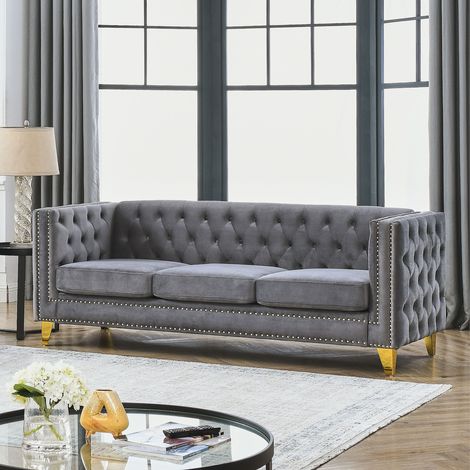 Canapé Droit 2 Places avec Dossier Capitonné, Accoudoirs Carrés, Assise à Ressorts, Clous Dorés et Pieds Métalliques Dorés, Velours - Gris (1/5)