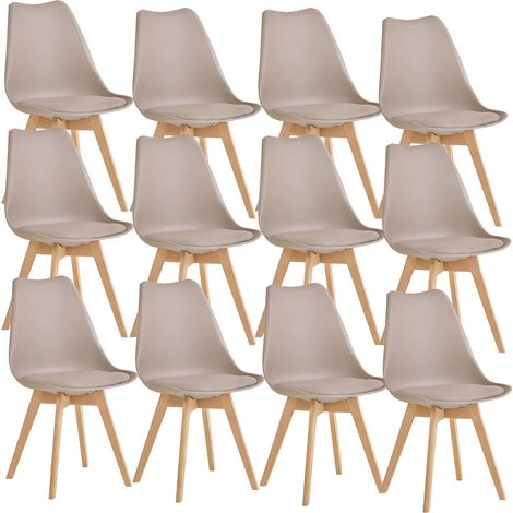 12 Chaises Tulipes Salle à Manger Scandinaves Bm Home Salle de Bureau, Pieds en Bois de Hêtre Massif, Couleur TAUPE