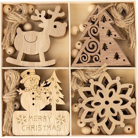 Pendentif Bois Noel - 20 Pièces Décoration Arbre de Noël Motifs Bonhomme de Neige Flocon Renne - Étiquettes Cadeaux en Bois Naturel (1/5)