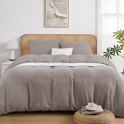 Housse de Couette 240x220 Gaze de Coton Ultra Doux et Respirant Parure de lit Marron - Housse de Couette 240x260 + 2 Taies d'oreiller 65x65 (1/5)