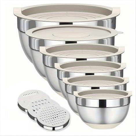 Ensemble de 6 bols mélangeurs gigognes en acier inoxydable avec couvercle, comprenant 3 accessoires de râpe et bols à mélanger kaki avec couvercle. (1/5)