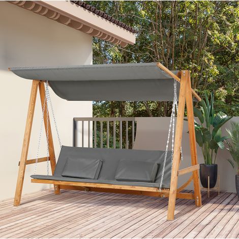 REDOM Columpio de jardín (225.5x113x180 cm), convertible en cama para 2, techo ajustable, madera maciza y poliéster gris (1/5)