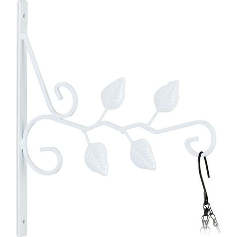 Relaxdays Gancio Portavasi, per Vasi Sospesi, Lanterne e Campane, Fissaggio a Parete, Ferro, HLP: 30x29,5x2 cm, Bianco