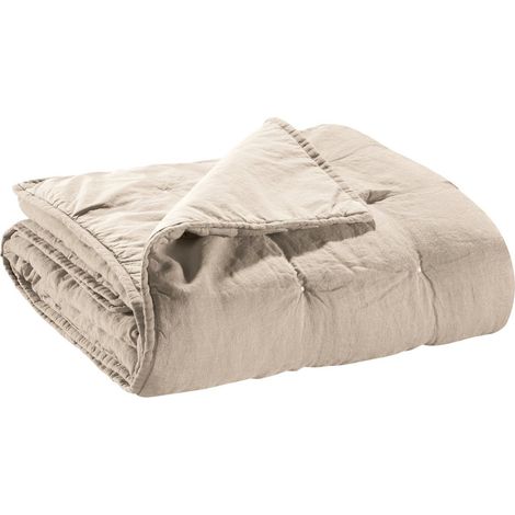Jeté de lit et couvre-lit en lin et coton lavé stonewash coloris naturel 180 x 260 cm - PANGIVO (1/3)