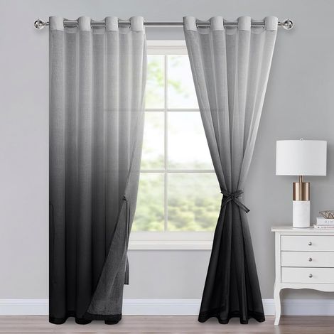 Rideaux en voile avec œillets, rideaux dégradés, rideau Sheer Ombre, lot de 2 pour la chambre à coucher et le salon, rideaux à passants avec tringle à rouleaux H225xL140cm Noir (1/5)