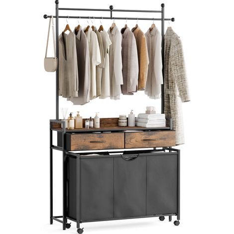 Panier à Linge, Chariot à Linge Mobile 150L avec Porte-Manteau, 2 Tiroirs et Plateau, Rangement pour Buanderie Salle de Bain, Vintage Marron et Noir, 129x33x199 cm, Mondeer