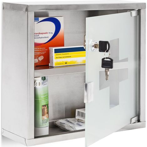 Relaxdays Medizinschrank EMERGENCY, Edelstahl/Glas, HxBxT:30x30x12cm, abschließbar, 2 Ablagen, Apothekerschrank, silber (1/5)
