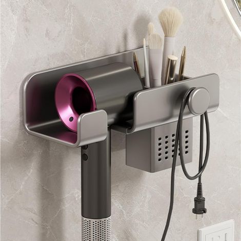 SHINING HOUSE Lochfreier Haartrockner-Halter zur Wandmontage, Badezimmer-Haartrockner-Aufbewahrungsregal (Gun Grey Style 24 x 7,4 x 10 cm) (1/4)