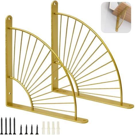2 Supports D'étagères en Forme D'éventail Doré, Equerre Etagere Murale, Support Mural en Métal pour Restaurant, Support Triangulaire Flottant, étagères d'a (Or) (1/5)