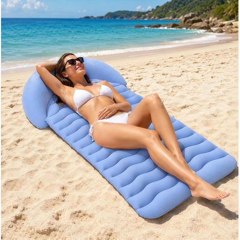 Tapis de Plage Gonflable avec Oreiller, 178 x 76 cm Matelas Gonflable en PVC Floqué pour Plage, Piscine, Camping, Jardin et Maison, Utilisation sur Terre et Eau, jusqu'à 200 kg