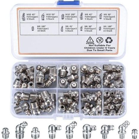 60 Pices graisseur a Visser, Assortiment Graisseur M6 M8 M10, Droit Graisse Raccord 45 90 180, avec Bote en Plastique, pour quipement Mcanique, Embout de Graissage Fixations (1/5)