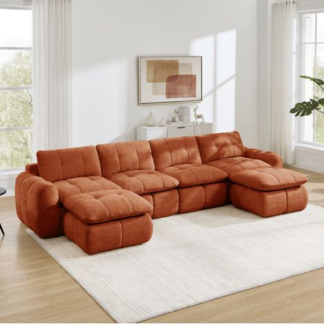 4-sitziges U-Modulsofa aus Chenille mit 2 Hockern, Orange, 334 x 160 x 68 cm (1/5)