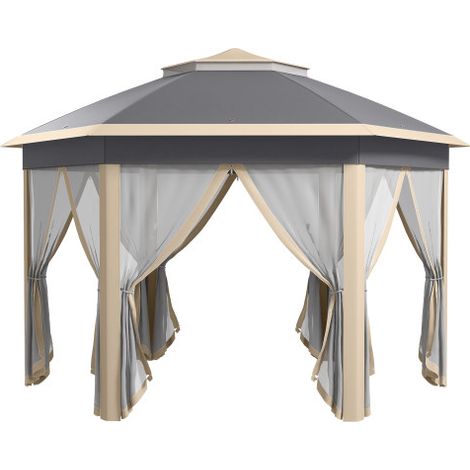 Pop-up Faltpavillon sechseckig 4x4m mit wasser- und UV-beständiger Abdeckung, Doppeldach, Lüftungsöffnung, Tragetasche, Polyester Beige und Khaki
On-Site