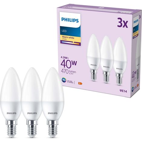 Philips LED E14 Candela, confezione da 3 lampadine, equivalente a 40 W, lampadine LED smerigliate, Plastica, Luce Bianca Calda 2700K, LED a risparmio energetico con lunga durata (1/4)