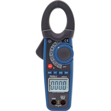 Pinza amperometrica autorange 3 3/4 digit Nimex NI6010 CAT III 600V - Funzioni: tensione DC, tensione AC, corrente DC, corrente AC, resistenza, temperatura, capacità, frequenza, prova diodi, duty cycl