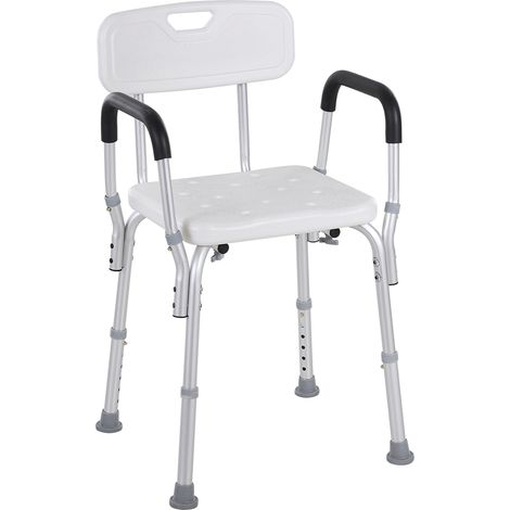 Siège de douche ergonomique, réglable en hauteur, pieds antidérapants, dossier et accoudoirs amovibles, charge maximale 136 kg, aluminium, PEHD, blanc (1/5)