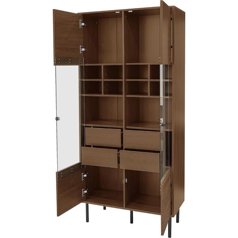 Mehrzweig-Vitrinenschrank in Nussbaumholzoptik: Glasfront + Etagenregal + versteckte Schublade|Allround-Aufbewahrungslösung für Bad/Wohnzimmer/Büro (1/5)