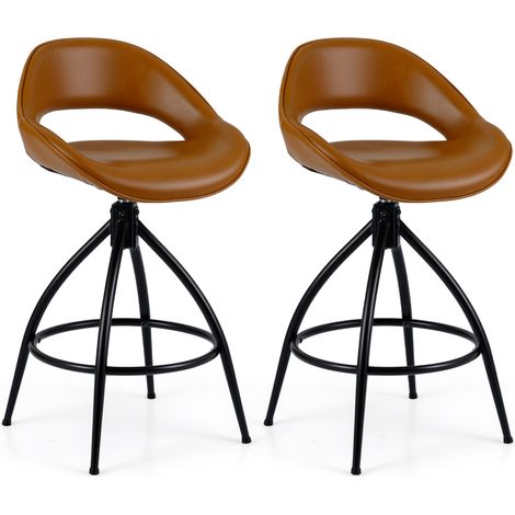 COSTWAY 2 Pack Swivel Bar Stools Brown Faux Leather with Backrest Footrest 24" Counter Height (1/5)