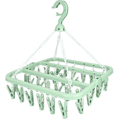 Sock Airer, Hanging Clothes Airer with 32 Wind-proof Clips, Foldable Clothes Dryer for Socks, Underwear, Baby Clothes, Towels (Green) (1/5)