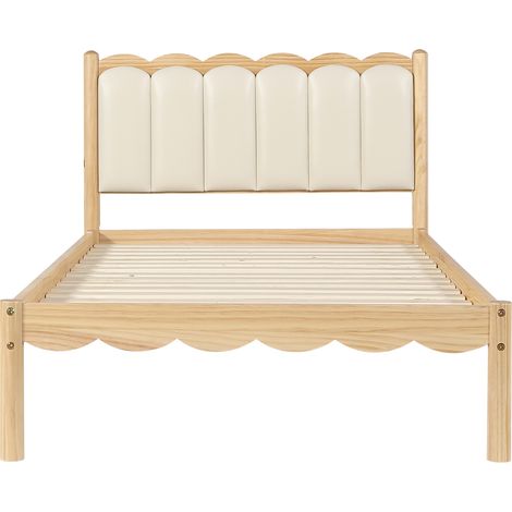 Lit enfant une place 90x200 cm en bois beige avec tête de lit rembourrée PU et sommier à lattes (1/5)