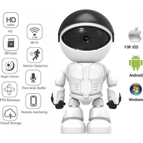 HD 1080P Robot caméra de surveillance IP WiFi Version nocturne Enregistreur vocal sans fil Webcam, Blanc (1/4)