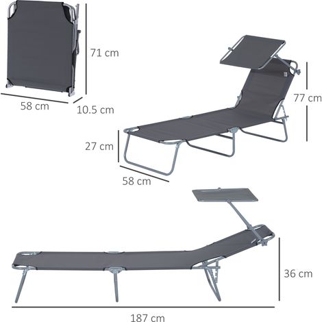 Chaise longue pliable transat de jardin avec pare-soleil gris 187 x 58 x 36 cm, parfait pour plage et terrasse (1/5)