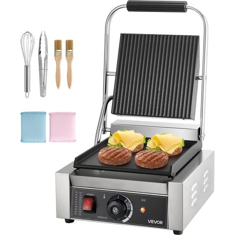 Prise en main facile : Gril panini électrique 1800W en inox avec plaque plate émaillée 22x23 cm pour sandwichs et viandes (1/5)