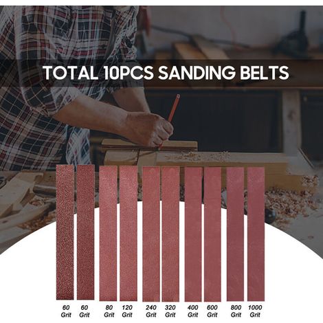 Jeffergarden Bandes abrasives 30 x 380 mm (1,18 x 14,96 pouces), lot de 10 (grains 60/60/80/120/240/320/400/600/800/1000, une de chaque grain), pour ponceuse à bande domestique miniature