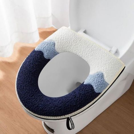Housse De Siege De Toilette - Acrylique - Epaisse Et Douce Avec Poignee - Lavable - Bleu - 1 Piece (1/5)