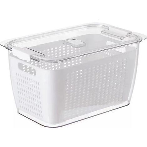 Japanischer Abtropfkorb mit zwei Ebenen und Filter, Aufbewahrungsbox für Obst und Gemüse im Kühlschrank, Weiß, 4,5 l