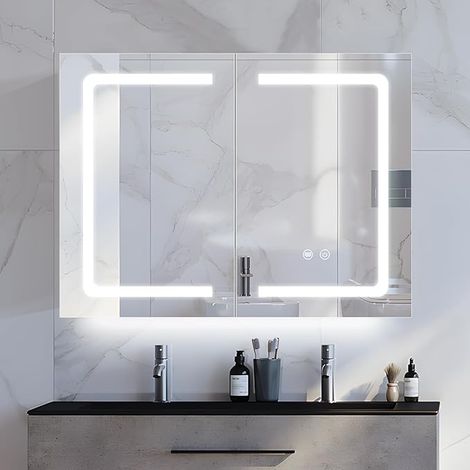 LED Bathroom Mirror Cabinet, 80 x 60 cm, Wall Mounted Bathroom Mirror, Anti-Fog, 3 Colours (1/5)