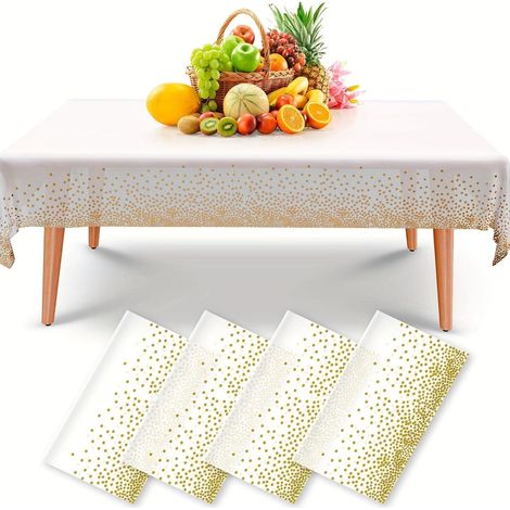 137 x ​274 cm 4 Pièces Nappes Jetables, Nappes Fête Rectangulaires à Pois Blancs et Dorés pour Mariages, Noël, Fêtes d'anniversaire, Pique Niques