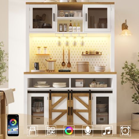 Armoire haute cuisine avec port USB, grand plan de travail, rangement multifonctionnel, éclairage LED, pour cuisine & salle à manger, blanc (1/4)