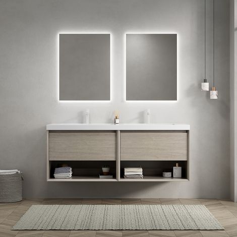 Mobile bagno sospeso 140 cm con doppio lavabo in resina bianca e rovere chiaro (1/5)