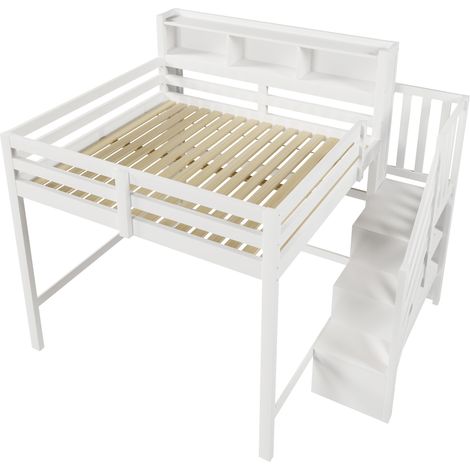 Kinder-Hochbett 140x200 cm weiß mit LED, Stauraumtreppe und großem Raum darunter (1/5)