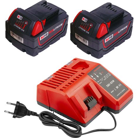 Powerwings – Pack de 2 batteries lithium 18V 5,0Ah avec chargeur rapide – Compatible avec Milwaukee M18B, M18B2, M18B4, M18BX – Temps de charge 500+