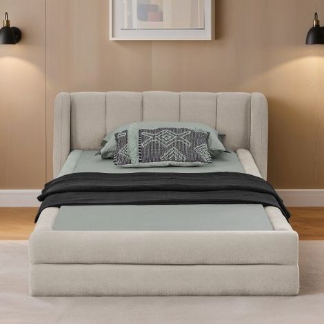Cama individual 90×200 cm, chenilla suave, respaldo cómodo, beige (colchón no incluido) (1/5)