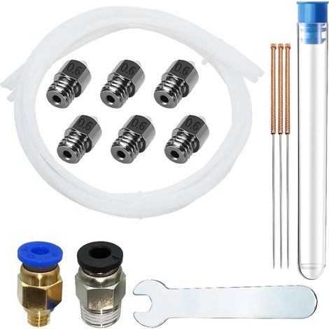 Buse en Acier pour Filament de 1.75mm Ender 3, Buse MK8 0,6 mm 6 pièces avec 3 aiguilles nettoyage buse de 0,6 mm + tube en téflon 3 1 M + 1 clé à fourche de 6mm + PC4-M6-M10 (1P+1P) (1/5)