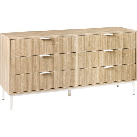 Cómoda moderna de MDF 6 cajones patas de metal tiradores frentes acanalados marrón claro Royalla