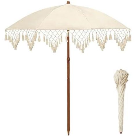 5-Fuß-Boho-Strandschirm mit Fransen – Sonnenschirm mit Lichtschutzfaktor 50+ für die Terrasse, Gartenschirm mit Baumwollquaste, neigungsverstellbarer Außenschirm für Pool, Garten, Terrasse (1/5)