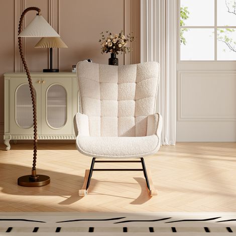 JOOKGBD-Schaukelstuhl 75 x 69 x 92 cm,Relaxsessel,Stillsessel Schaukelsesse,Wohnzimmersessel,Schwingsessel mit Metallgestell und Holzsockel, Belastbarkeit Bis 130 Kg, Teddystoff, Beige