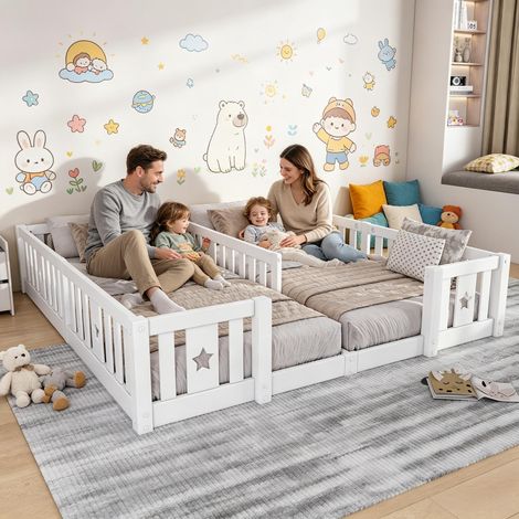 FOERPL-Lit pour Enfant avec avec Étoiles, Lit Montessori au Sol avec Sommier à Lattes, Cadre de Lit Double Enfant en Pin Massif avec Barrière de Sécurité Protection Anti-chute (1/5)