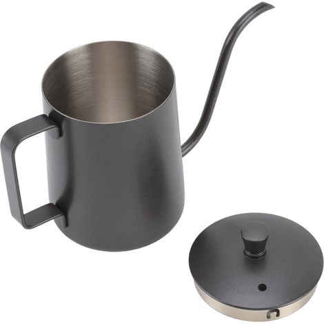 Bouilloire à café manuelle en acier inoxydable 304, bec fin long, 350 ml, avec couvercle, revêtement téflon noir, idéale pour filtre goutte à goutte et café suspendu. (1/5)