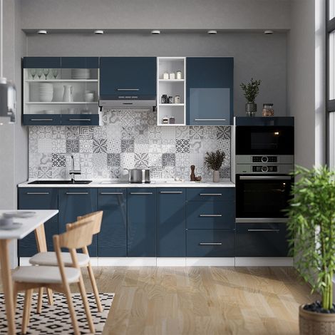 Cuisine Fame-Line, bleu foncé brillant/blanc, 280 cm , PT Marbre, Vicco
