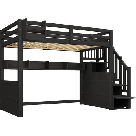 Cama alta de madera 90 x 200 cm con almacenaje, LED y escalera negra HOMVRA (1/5)