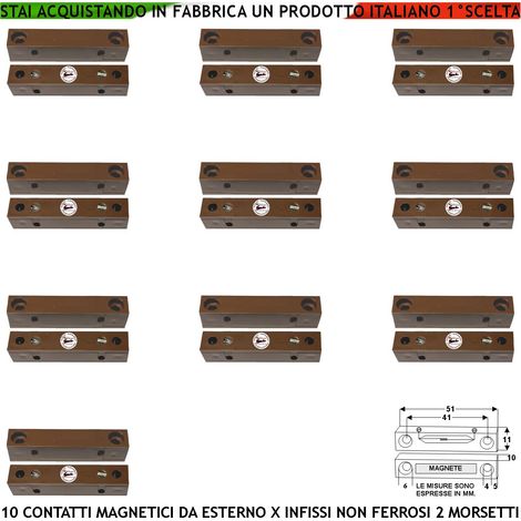 Contatto Magnetico Esterno Dieci Pezzi Sensore Reed Sensibilità Magnetica 13 mm Tensione Contatto Max 30 V 0,5 A Carico Resistivo Uscita NC Allarme Cover ABS Marrone Protezione IP65 Fori di Fissaggio (1/2)