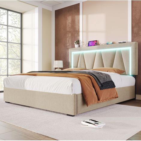 Bett 160x200 LED Stauraum USB Type C Beige HAVRYA (1/5)