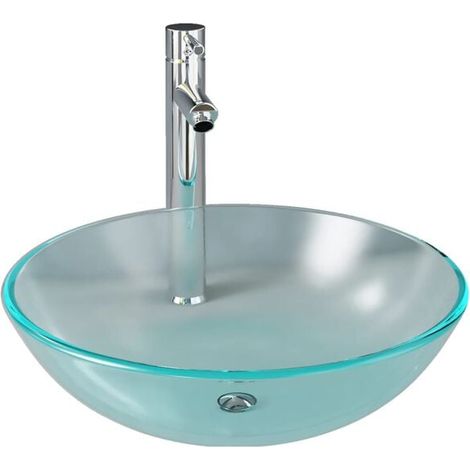 Lavabo de salle de bain avec robinet et bonde à bouton-poussoir. En verre trempé.